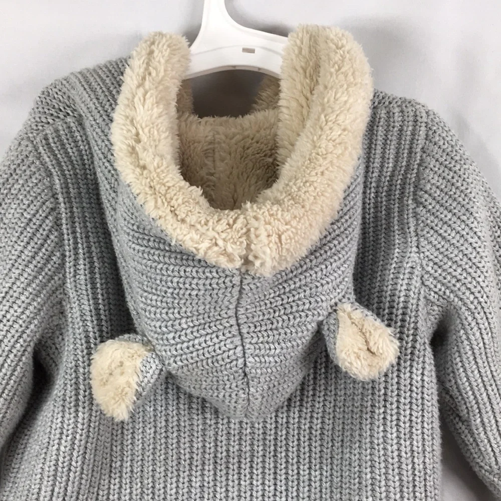 GAP Sherpa Gray Knit Sweater Animal Ears Hoodie Size 12-18M Great Condition